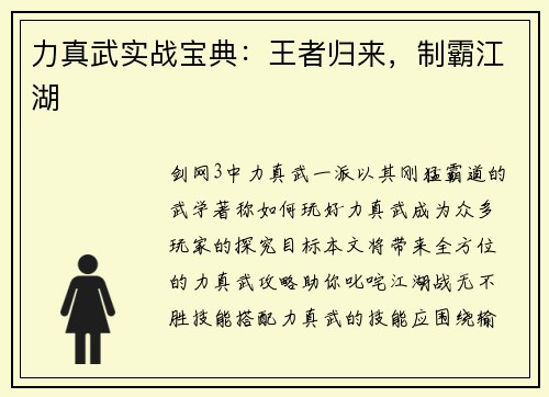 力真武实战宝典：王者归来，制霸江湖