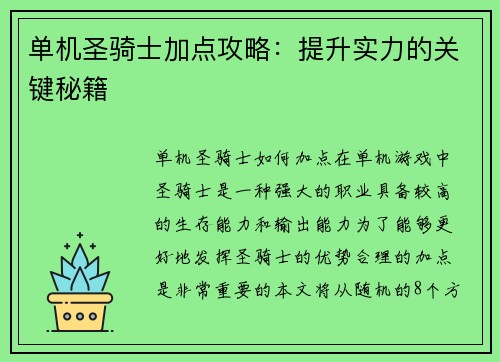 单机圣骑士加点攻略：提升实力的关键秘籍